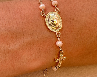 Bracelet chapelet sacré-coeur en or, chaîne de perles, plaqué or 18 carats, bijoux religieux