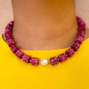 Chunky Pink Agate Statement Necklace: 18k Gold Plated, Freshwater Pearl