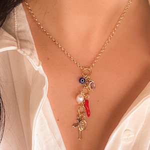 Virgin Mary Italian Horn Gold Charm Necklace: Catholic Christian Jewelry