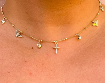Collar con cadena de cuentas del Espíritu Santo en oro, chapado en oro de 18k, collar con cruz y corazón, regalo religioso, joyería católica, regalo para mamá
