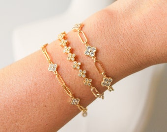 Gold Clover Bracelet, Flower Gold Chain Dainty Bracelet,Link Chain Bracelet for Women,Four Leaf Clover Bracelet,Dainty Gold Link Chain