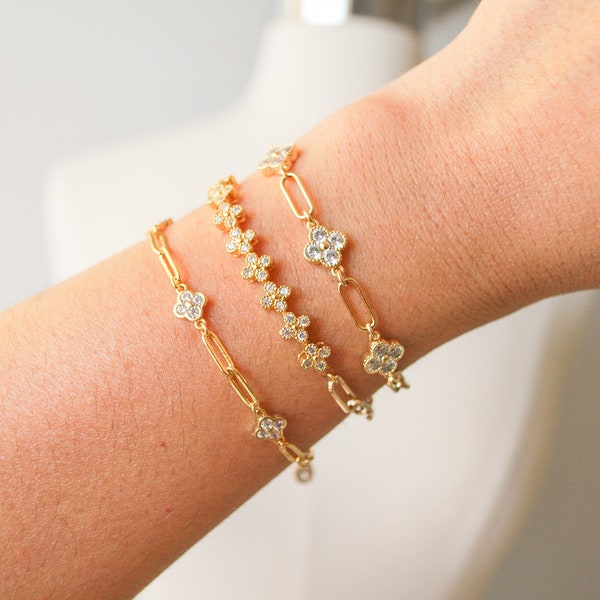 Gold Clover Bracelet, Flower Gold Chain Dainty Bracelet,Link Chain Bracelet for Women,Four Leaf Clover Bracelet,Dainty Gold Link Chain