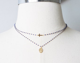 Collier vierge de perles vierges de Guadalupe, bijoux religieux minimalistes en or, cadeaux religieux, colliers superposés bleu marine, collier petite croix