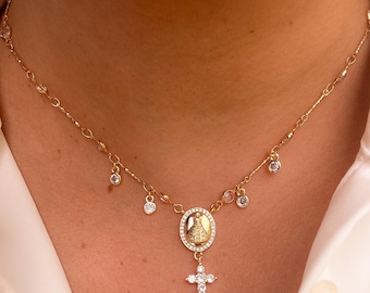 Gold Virgen de la Caridad Rosary Choker: Religious CZ Jewelry