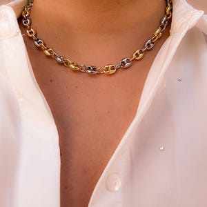 May include: A two-tone chain necklace with alternating gold and silver links. The necklace is a chunky style, with each link resembling a puffed oval. The necklace is worn against a white collared shirt.