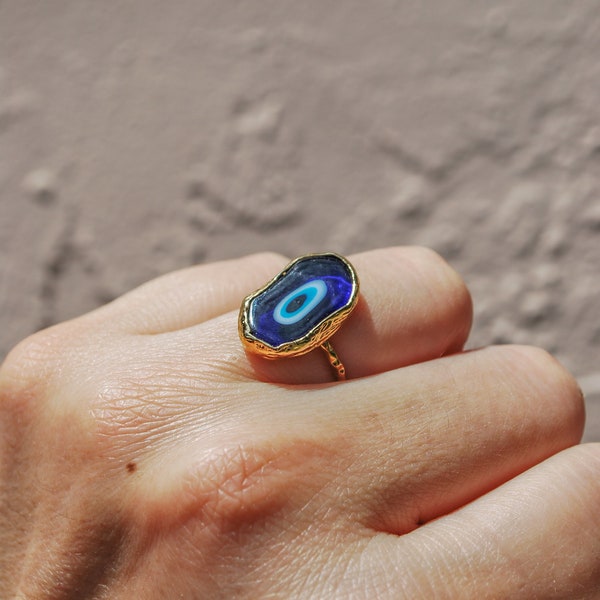 Murano Glass Evil Eye Ring,Gold Statement Boho Ring,Blue Stone Ring,Handmade Evil Eye,Protection Jewelry,Gift for Her, Unique Blue Ring