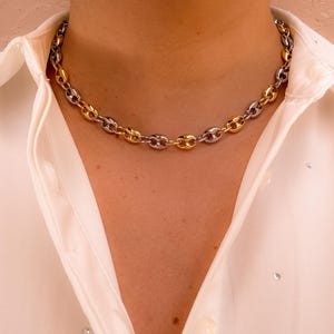 May include: A two-tone chain necklace with gold and silver links. The necklace is made of a series of oval-shaped links, creating a bold and stylish accessory. The necklace is worn over a white collared shirt.