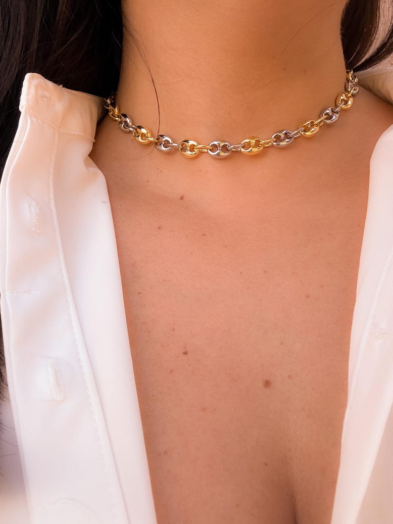May include: A gold and silver-toned chain necklace. The necklace is composed of alternating gold and silver links. The necklace is worn around the neck, and the top of a white shirt is visible in the background.