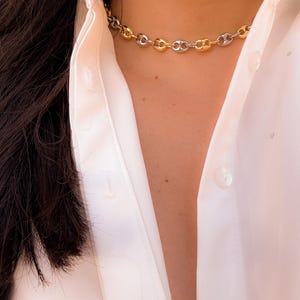 May include: A gold and silver-toned chain necklace with a chunky link design. The necklace is worn against a white button-down shirt. The necklace is a choker style and is a mix of gold and silver links.