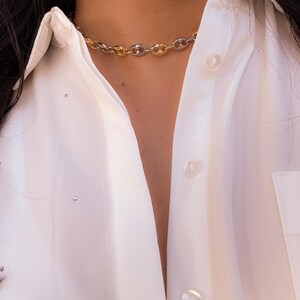 May include: A two-tone chain necklace with gold and silver links. The necklace is worn over a white button-down shirt. The shirt has a few small embellishments and buttons down the front.