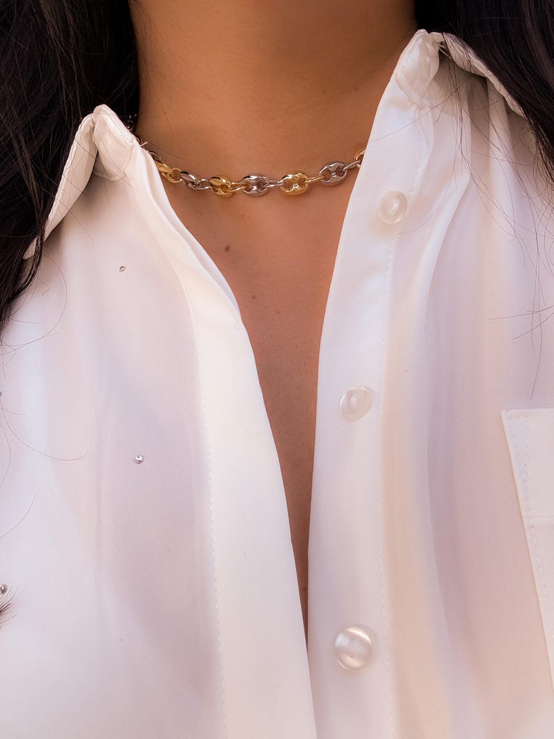 May include: A two-tone chain necklace with gold and silver links. The necklace is worn over a white button-down shirt. The shirt has a few small embellishments and buttons down the front.