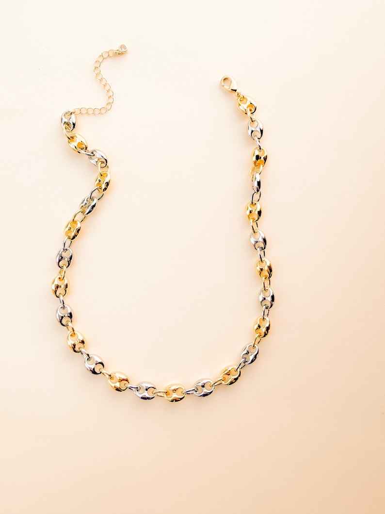 May include: A gold and silver-toned chain necklace. The necklace features a series of oval-shaped links, alternating between gold and silver. The necklace has a lobster clasp closure and an adjustable chain.