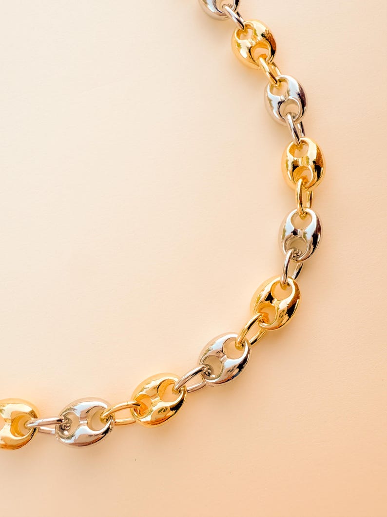 May include: A gold and silver-toned chain necklace. The necklace features a series of oval-shaped links, alternating between gold and silver. The chain is displayed against a light beige background.