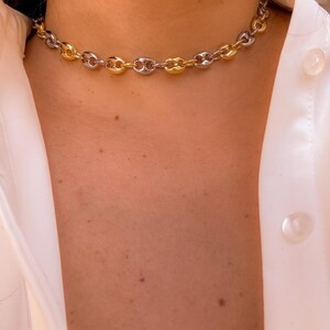 May include: A two-tone chain necklace with alternating gold and silver links. The necklace is a choker style, resting close to the neck. The links are a rounded, bean-shaped design. The necklace is worn over a white button-down shirt.
