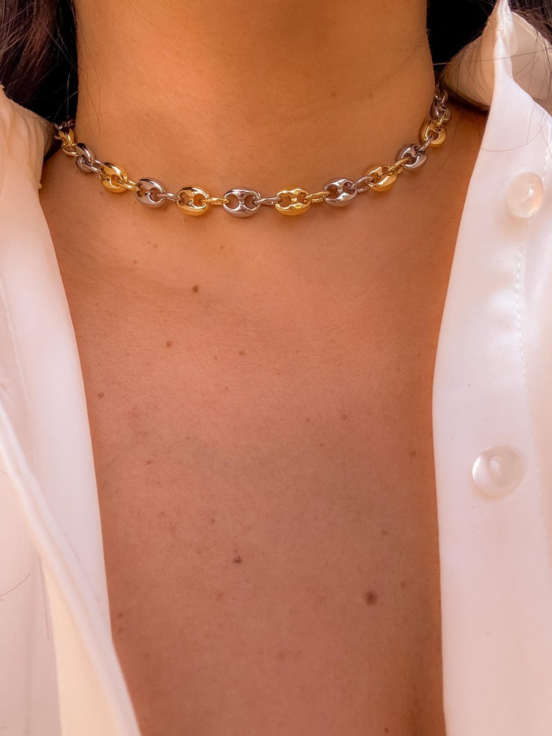 May include: A two-tone chain necklace with alternating gold and silver links. The necklace is a choker style, resting close to the neck. The links are a rounded, bean-shaped design. The necklace is worn over a white button-down shirt.