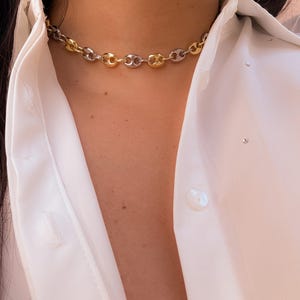 May include: A two-tone chain necklace with alternating gold and silver links. The necklace is a choker style, resting close to the neck. The links are a rounded, puffed design. The necklace is worn over a white button-down shirt.