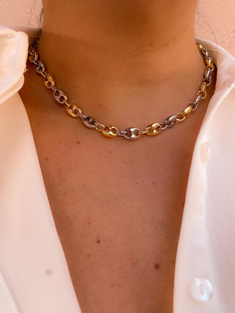 May include: A two-tone chain necklace with gold and silver links. The necklace is made of a series of oval-shaped links, alternating between gold and silver. The necklace is worn around the neck, and the clasp is not visible.