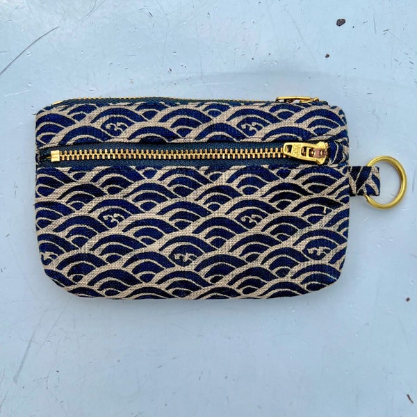 Double Zipper Wallet Japanese Wave Indigo Cotton, Keychain Wallet, Japan Gifts, Two Zip Pouch, Mothers Day, Cash Coin Card Holder