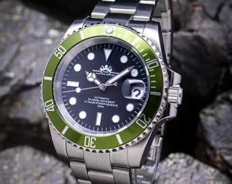 40mm Custom Olive Green & Black Sub Watch, Japan NH35 Movement