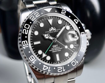 40mm Custom Black & Grey GMT Watch, Japan NH34 GMT Movement, 100m WR, Ceramic Bezel, Sapphire Crystal