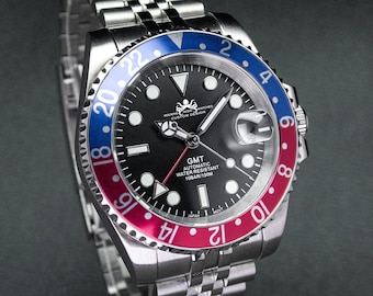 40mm Custom Vintage Style Blue & Red GMT Watch, Japan NH34 GMT Movement, 100m WR Sapphire Crystal