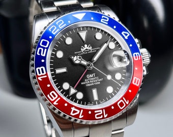 40mm Custom Blue & Red GMT Watch, Japan NH34 GMT Movement, 100m WR, Ceramic Bezel, Sapphire Crystal