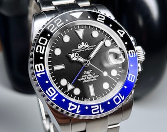 40mm Custom Black & Blue GMT Watch, Japan NH34 GMT Movement, 100m WR, Ceramic Bezel, Sapphire Crystal