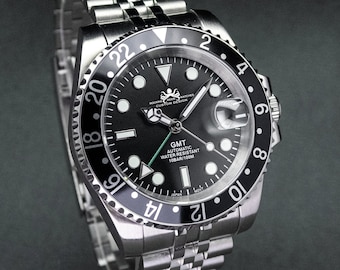 40mm Custom Vintage Style Black GMT Watch, Japan NH34 GMT Movement, 100m WR Sapphire Crystal