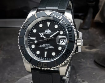 40 mm Custom Edelstahl Yachty Black Uhr, Japan NH35 Uhrwerk, 200 m WR, Keramiklünette, Saphirkristall