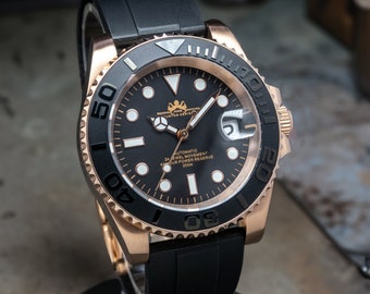 40mm Custom Rose Gold Yachty Black Watch, Japan NH35 Movement, 200m WR, Ceramic Bezel, Sapphire Crystal