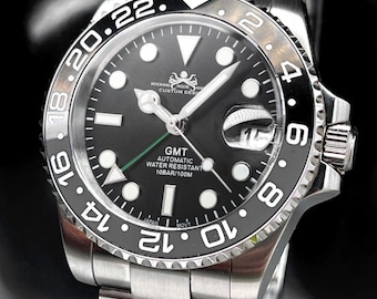 40mm Custom Black & Grey GMT Watch, Japan NH34 GMT Movement, 100m