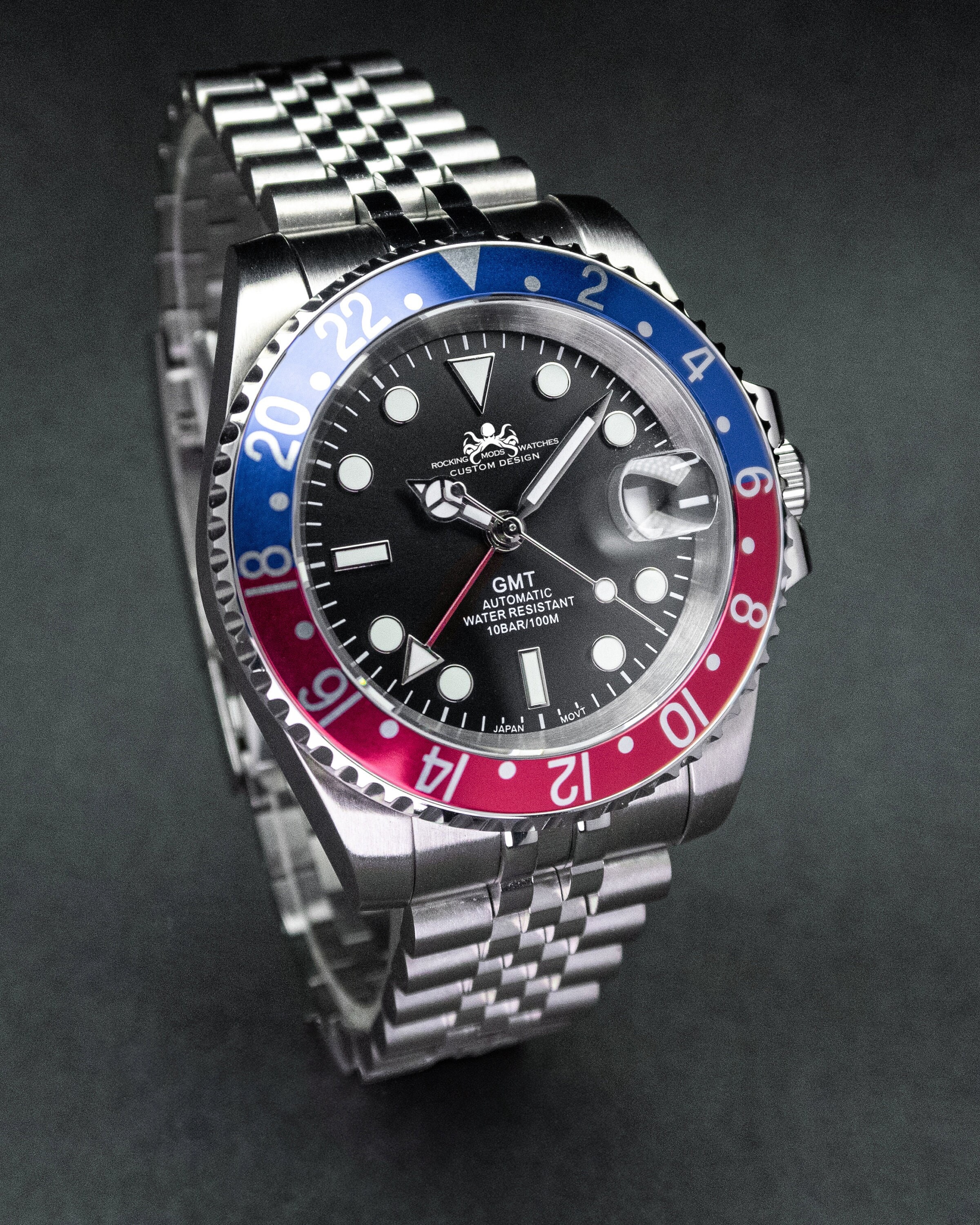 40mm Custom Vintage Style Blue & Red GMT Watch, Japan NH34 GMT