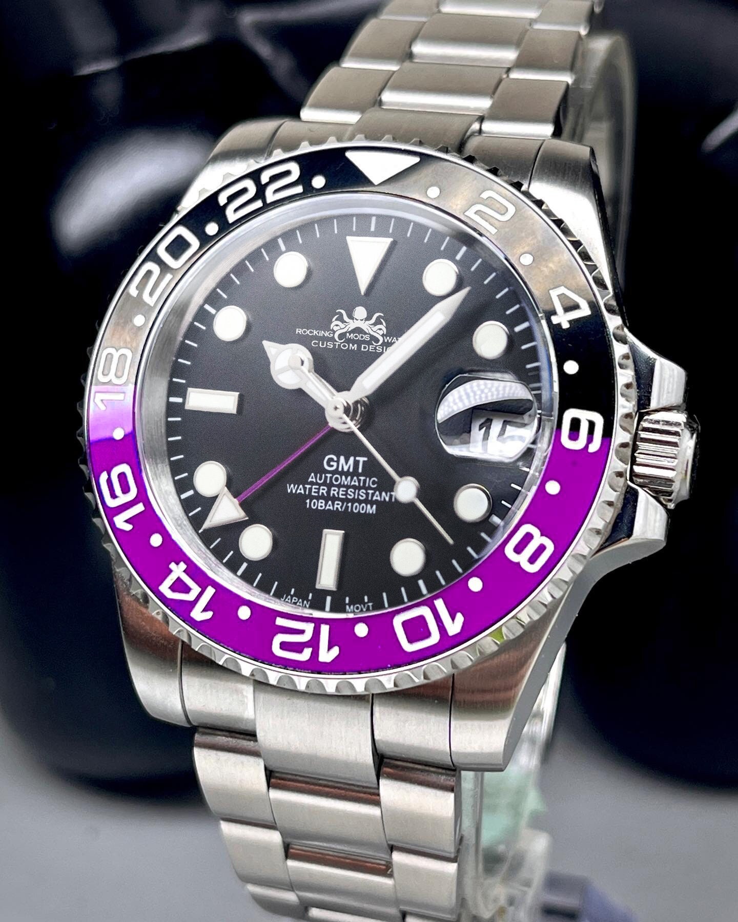 40mm Custom Black & Purple GMT Watch, Japan NH34 GMT Movement, 100m WR, Ceramic Bezel, Sapphire Crystal