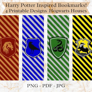 Könnte beinhalten: Vier druckbare Lesezeichen mit Hogwarts-Hausthemen. Jedes Lesezeichen zeigt ein Hauswappen auf gestreiftem Hintergrund. Die Farben sind Rot und Gold, Blau und Silber, Grün und Silber sowie Gelb und Schwarz. Der Text oben lautet "Harry Potter Inspired Bookmarks!"