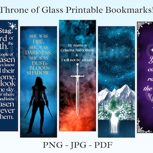 K&ouml;nnte beinhalten: Satz von f&uuml;nf druckbaren Lesezeichen mit Zitaten und Bildern aus der Throne of Glass-Reihe. Die Lesezeichen zeigen einen Hirsch, eine Silhouette einer Frau mit Schwertern, ein Schwert, ein wei&szlig;es Reh in einem schneebedeckten Wald und einen violetten Hintergrund mit Sternen und einem Hirsch.