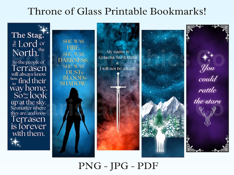 K&ouml;nnte beinhalten: Satz von f&uuml;nf druckbaren Lesezeichen mit Zitaten und Bildern aus der Throne of Glass-Reihe. Die Lesezeichen zeigen einen Hirsch, eine Silhouette einer Frau mit Schwertern, ein Schwert, ein wei&szlig;es Reh in einem schneebedeckten Wald und einen violetten Hintergrund mit Sternen und einem Hirsch.