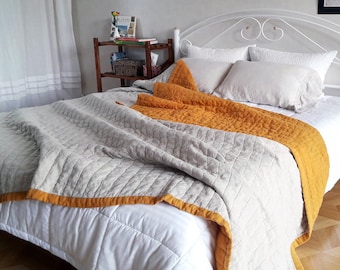 Linen Lightweight Quilt, Stonewashed Flax, Lines 2" Apart, Two-Tone Bed Coverlet, Custom Colors, Handmade