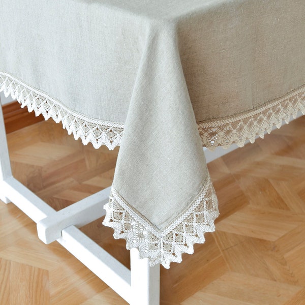Linen Tablecloth Cotton Lace Edge 104 120 140 84 inch Large Custom Tablecloth Light Natural Organic Eco Prewashed and Softened Table Cloth