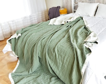 Stonewashed Linen Quilt, Summer Double-Sided Blanket, Organic Flax Bedding, Modern Eco Coverlet