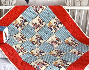 Edredón patriótico para bebé: Manta de patchwork con diseño de oso Yankee Doodle