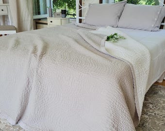 Lightweight Linen Quilt, Stonewashed Finish, Custom Two-Color Double-Sided, Big Wave Quilting, Handmade Coverlet