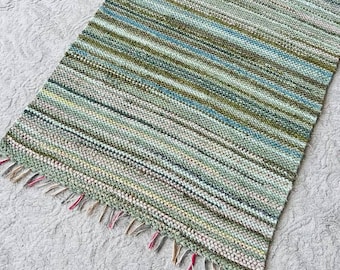 Handwoven Linen Rug, Green Striped Floor Runner (23x62 inches), Soft Washed Reversible Mat, Eco Friendly Home Decor