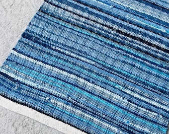 Handwoven Blue Linen Runner, Soft Washed Reversible Mat, Coastal Farmhouse Decor, 32x70 inches