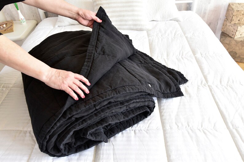 Linen Quilts King Size 118108in Natural Flax Black Quilted Etsy