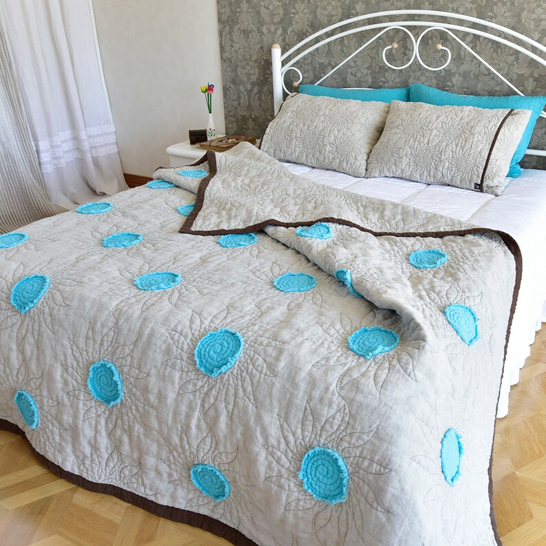 Linen Quilted Blanket Sunflowers Flax Stonewashed Bedding ...