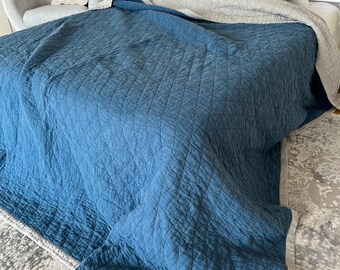 May include: A blue quilted bedspread with a white border covers a bed. The bedspread has a diamond pattern and is draped over the bed. Two gray pillows and a white headboard are visible in the background. The bed is on a patterned rug.