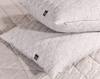 Quilted Linen TWO Pillowcases Decorative Modern Natural 100% Flax Pillowcase Stonewashed Linen Bedroom Decoration  Pillowcase Zipper Closure