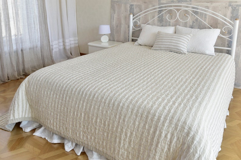 Stonewashed Natural Linen Bedspread Provincial Style Striped Bed Cover Light Weight Blanket Throw LifeInLinenStudio Stonewashed Linen OOAK
