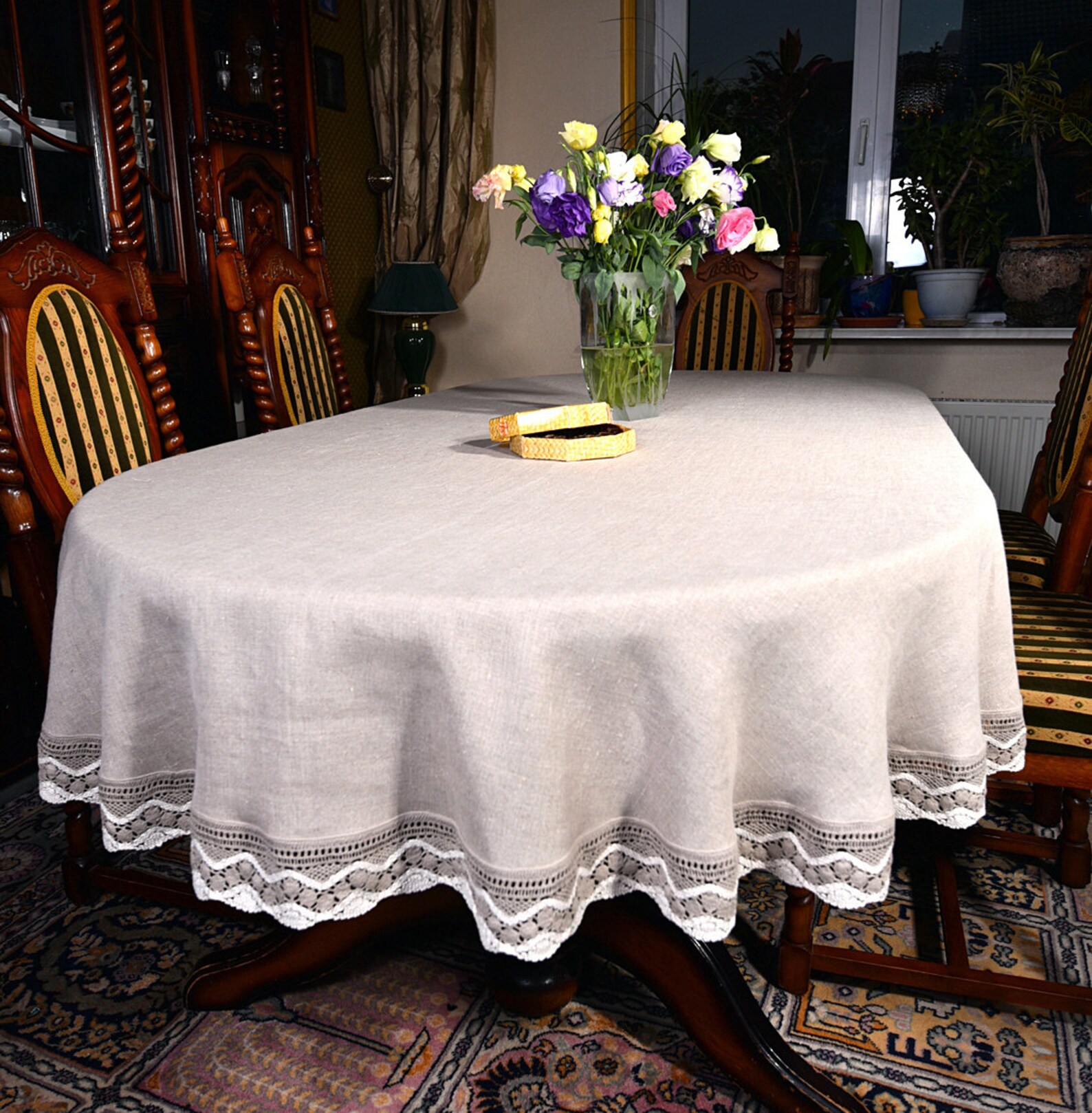 Oval Linen Tablecloth Lace Tablecloth Dinner Table Linens Etsy
