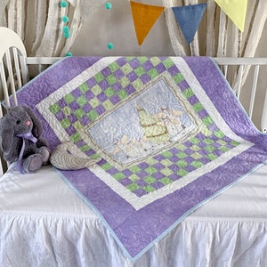 New Year Patchwork Baby Quilt: Lavender & Green Cotton Toddler Blanket